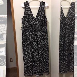 Black dress with tan, white and black dots.